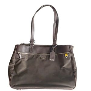 tumi brown nylon leather trim travel tote laptop bag